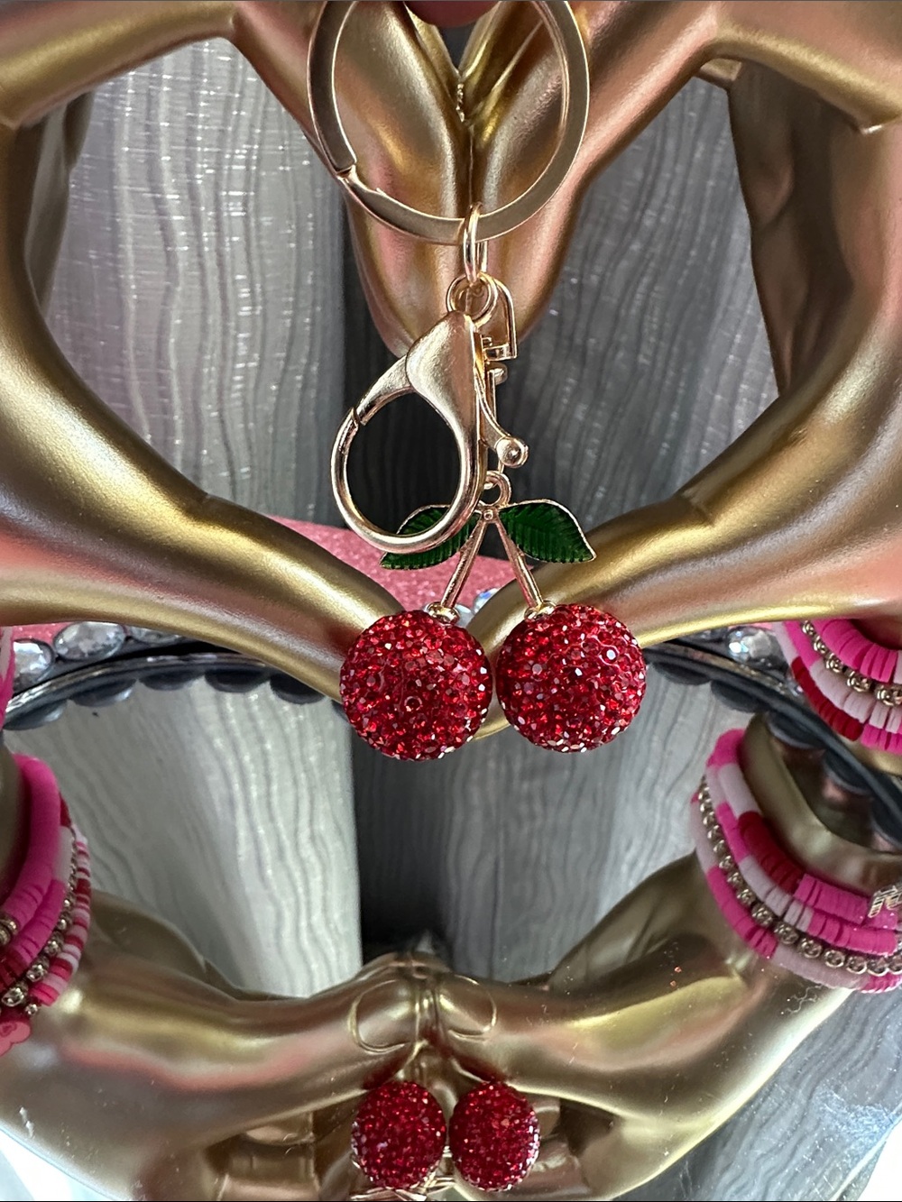 Gold Cherry Keyring with Red Crystal Charms and Green Enamel Leaves